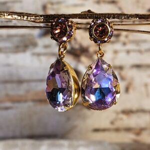 Tanzanite Sparkles AB And Purple Flower Swarovski Crystals In Drop Earrings
